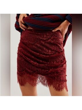 Free People Burgundy Lace Ruched Mini Skirt